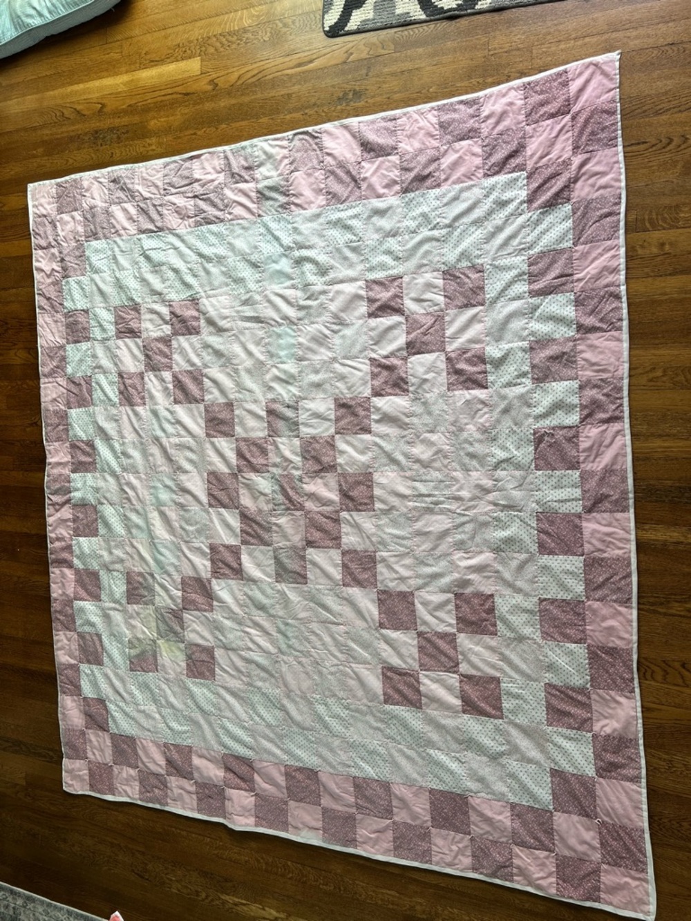 Vintage Handmade Twin Patchwork Quilt Pink Floral Hand-Tied Cottage Quilt 88x79